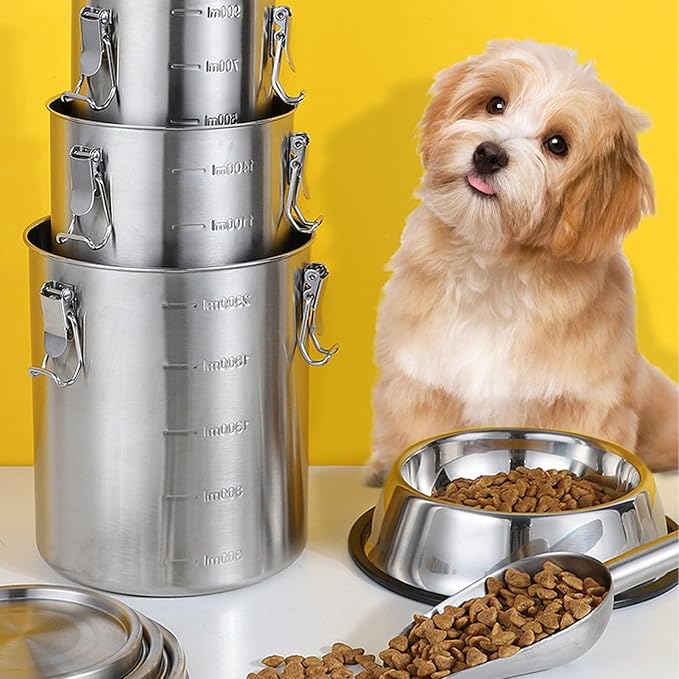 Fockety Airtight Dog Food Storage Container, Stainless Steel Food Canister with Lid and Sturdy Locking Clamp, Dog Cat Bird and Other Pet Food Storage Bin for Rice, Cereral, Grain, Flour