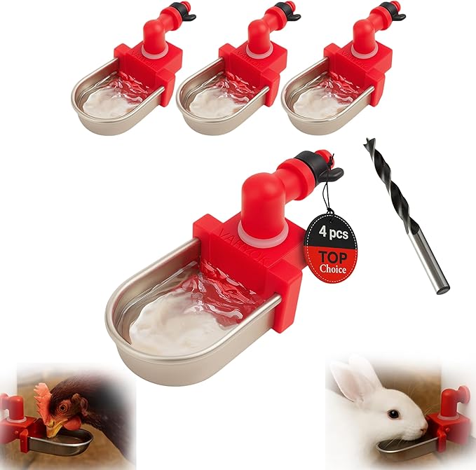 Heavy Duty Large Auto Metal 4 Pack Chicken Water Cups Chicken Waterer Cups for Poultry Rabbit Watering System and Small Animals Leak Proof Stainless Steel Fits 5 Gallon Bucket and PVC Pipes