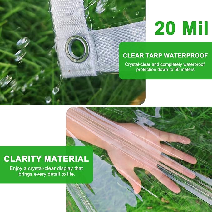 Clear Tarp 8x16ft Clear Tarps Heavy Duty Water Resistant,20Mil Thickened Transparent Tear Resistant PVC Vinyl Tarpaulin Enclosurewith Grommets and Reinforced Edges for Patio,Porch and Multipurpose