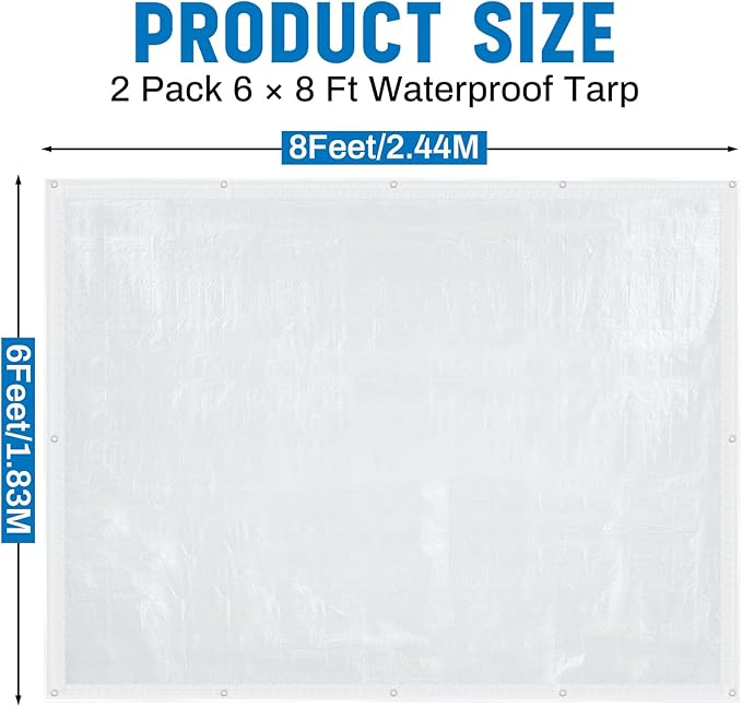 2 Pcs 6x8 ft Transparent Tarp Clear Waterproof Weatherproofing Tarp with Grommets Green House Cover 8mil Plant Cover Shed Cloth with Rope for Greenhouse Henhouse Porch (Woven Style)