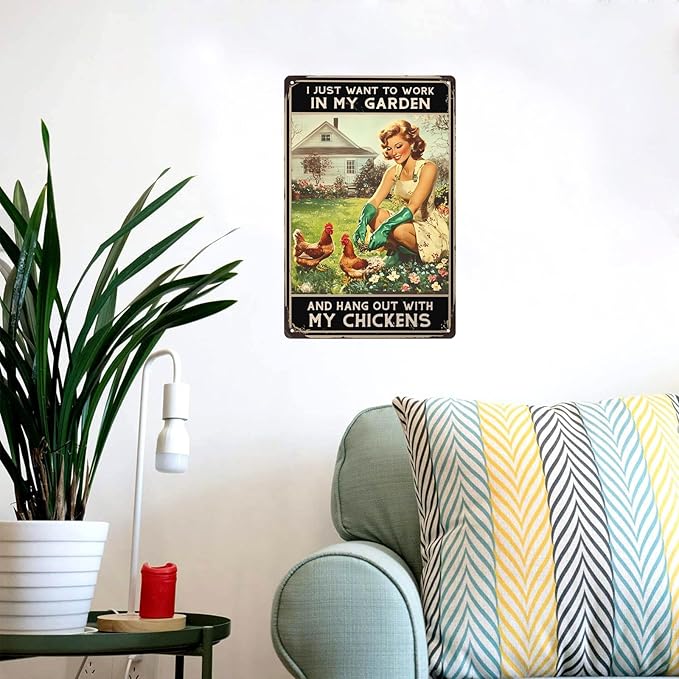 Vintage Chicken Tin Signs I Just Want To Work In My Garden And Hang Out With My Chickens Metal Sign Wall Decor for Kitchen Home Garden Yard Fence 12×8 Inch