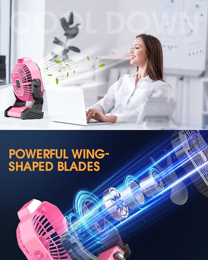 Rechargeable Solar Fan,【Max 60H Runtime】Camping Fan with Solar Panel, 10W 9-Inch Battery Operated Fans for Outside, LED Lantern, Stepless Speed Battery Powered Solar Tent Fans for Outdoor, Barbecue