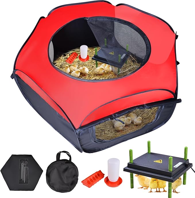 Chicken Brooder Box for Chick Starter Kit - 10 * 12inch Brooder Heating Plate Chick Brooder Pen Chicken Brooder Box 4-in-1 Bundles with Chicken Feeder, Waterer (Brooder Set,Red)