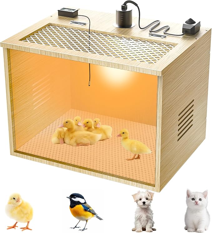 Chicken Brooder Box for Chicks Starter Kit, 16 Inch Wooden Chicken Brooder Box with 75W Heating Lamps, Thermometer and Tin Foil, Poultry Breeding Kit, for 5-7 Chicks Ducks Quail Hamsters