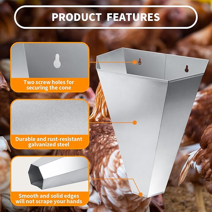 Medium-Sized Galvanized Steel Chicken Restraining Cone for Poultry, Suitable for Large Layers, Broilers, Roasters, and Turkeys Up to 8 Pounds - Flat-Back Killing Cone, Easy to Clean