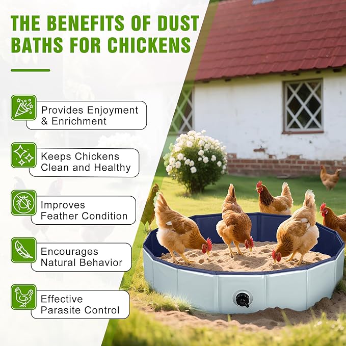 Chicken Dust Bath Tub,Bath Container for Chickens,32'' Diameter x 8'' Height, Foldable Design, Extra Tough PVC Dust - Chicken Coop Cleaner, Essential Poultry Accessory (Grey) (Gray)