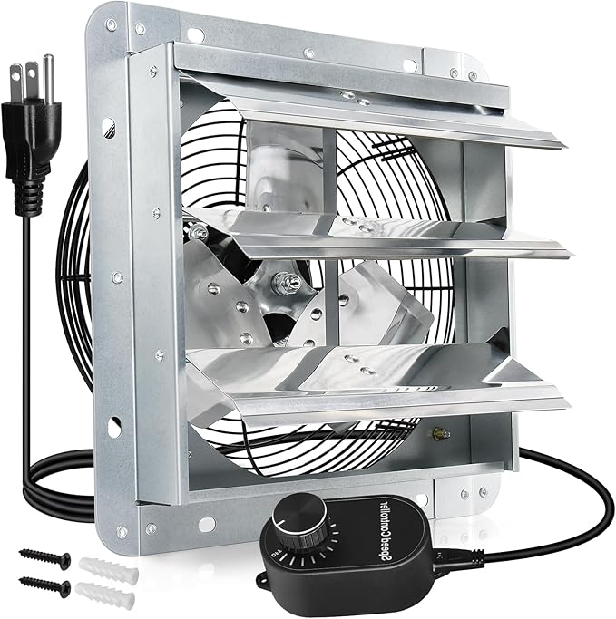 Hiorucet 7 Inch Shutter Exhaust Fan with Speed Controller and Power Cord Kit for Garage, Greenhouse, Shop, Attics, Chicken Coop, Basement, 760CFM 1600RPM Low Noise Wall Mounted Louvered Exhaust Fan.