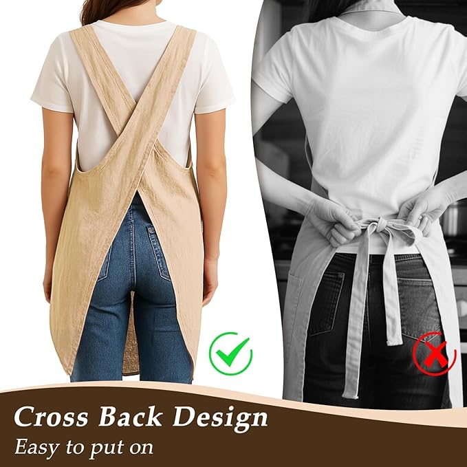 Apron for Women with Pocket Cotton Linen, Japanese Cross Back Apron for Gardening Painting