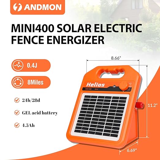 ANDMON MINI400 30 Miles Solar Electric Fence Charger, 0.4 Joule Solar Electric Fence for Livestock, Horses, Cattle Sheep, Solar Fence Charger with Day or Night Mode, Easy Installation