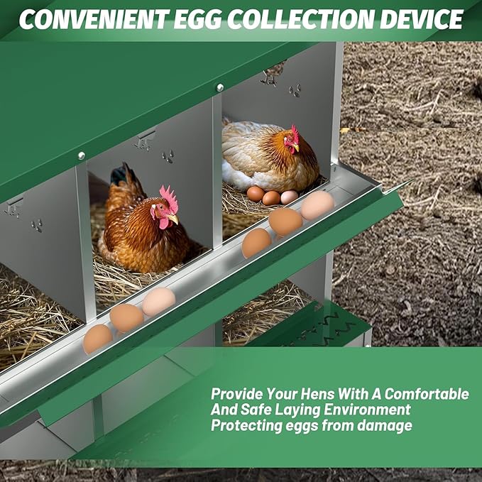 Metal Chicken Nesting Boxes, Heavy-Duty Galvanized Steel Egg Laying Box with 6 Compartments, Rustproof, Easy to Install & Clean, Wall-Mountable Design for Poultry Coops- Green with Stand