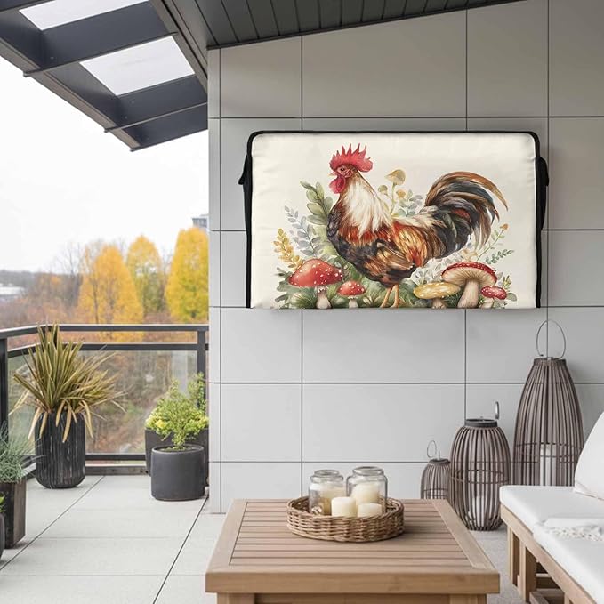 Waterproof Outdoor TV Cover 52 to 55 Inch, Retro Watercolor Farm Chicken Outside Flat Screen Televisions Weatherproof Cover Size 52"L x 30"H, Mushroom on Linen TV Protector With Zipper