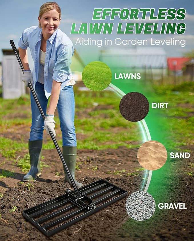 Saker Lawn Leveling Rake 30x10 Inch, 73-Inch Heavy Duty Lawn Leveler Tool with Stainless Steel Handle for Lawns, Backyard, Garden, Golf Course, Farm - Black