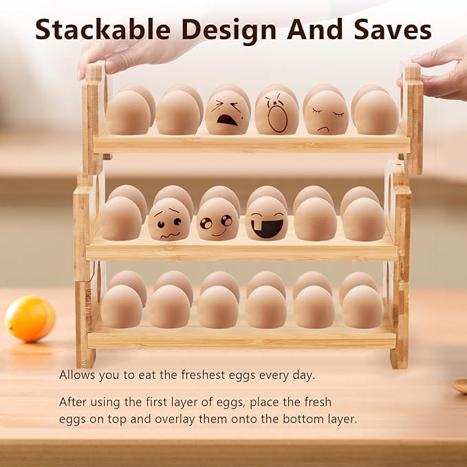 Space-Saving Bamboo Egg Rack - 3-Tier 12-Egg Capacity with Screwdriver, Stackable Countertop Organizer for Fresh Eggs