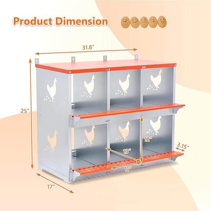 Chicken Nesting Boxes, 6 Rooms Hens Nest Box, Metal Poultry Nest Box Wall Mount for Chickens Egg Laying Box Collection Vented Holes Chicken Coop Cages Equipment, Orange (6 Rooms)
