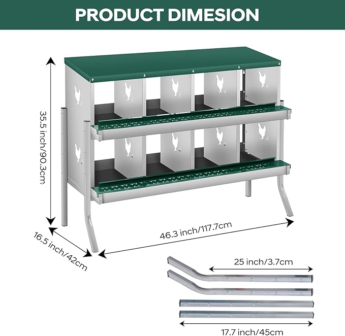 Garvee 8 Compartment Chicken Nesting Box with Legs, 2 Layer Wall Mount/Free Standing Poultry Nest for Chickens, Hens, Ducks, Metal Chicken Laying Boxes with Perch, Secure Lid, Vented Holes, Green