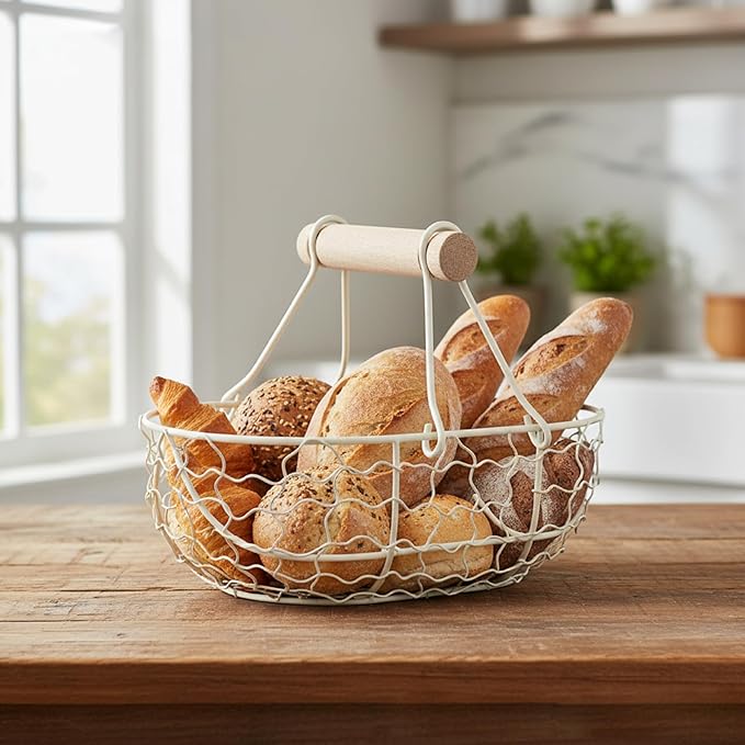Egg Basket, Small Farmhouse Wire Basket with Wooden Handle Rustic Countertop Holder and Storage for Gathering Fresh Eggs, Homeused
