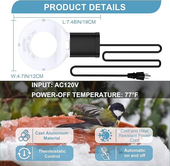 500 Watt Utility De-Icer Submergible Cast Aluminum Chicken Water Heater for Livestock Tank Heater Winter Bird Bath Heater (1, White)