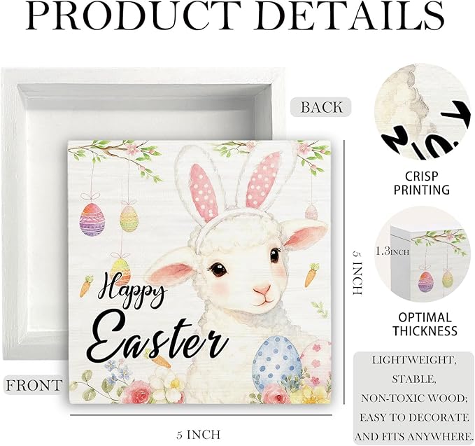 Happy Easter Sheep Wooden Box Sign Desk Decor, Easter Lamb Decor, Spring Floral Egg Sheep Wood Signs for Bedroom Home Office Desk Table Shelf Decorations, 5x5 Inch