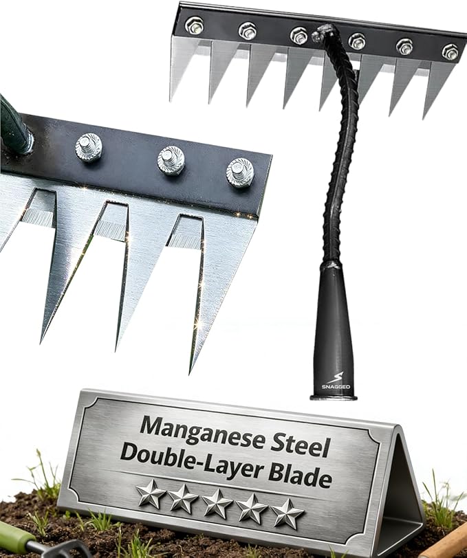 Garden Hand Rake Tool Manganese Steel 5/6/7/8 Teeth for Yard,Farm,Soil & Lawn Care Heavy Duty Weed Iron Metal Puller Grass Remover Landscaping Sickle Manual Thatch Cultivator Long Handle (8Teeth)