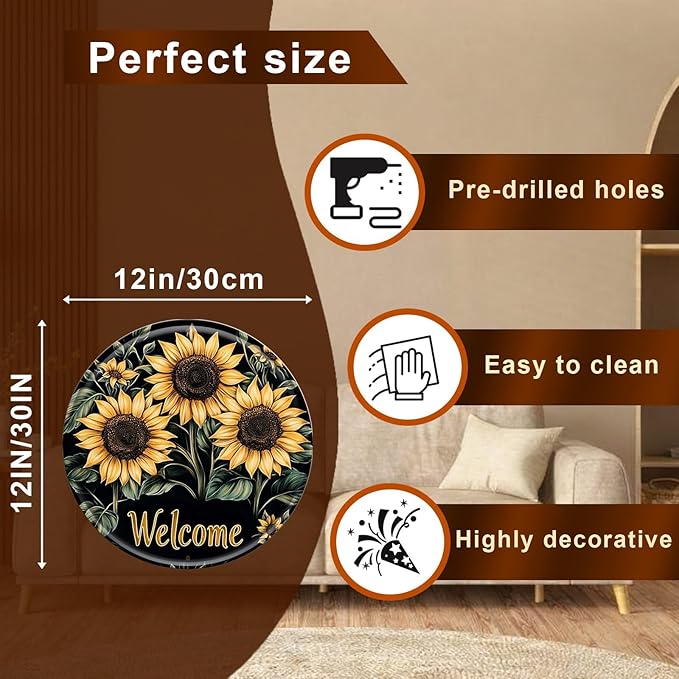 Sunflower Round Metal Tin Sign Wreath Welcome Metal Tin Sign Vintage Aluminum Wall Art for Home Garden Porch Yard Fence Retro Wall Decor 12x12inch