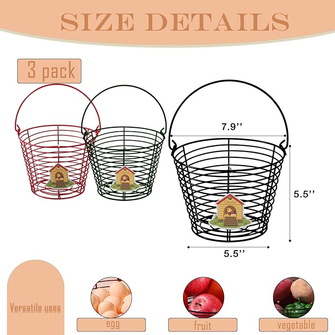 3 Pack 8 Inches Metal Mesh Wire Egg Collecting Basket with Handle Portable Garden Vegetable Fruit Storage Lightweight Hanging for Kitchen Farmhouse Gathering Picnic (MultiCorlor)