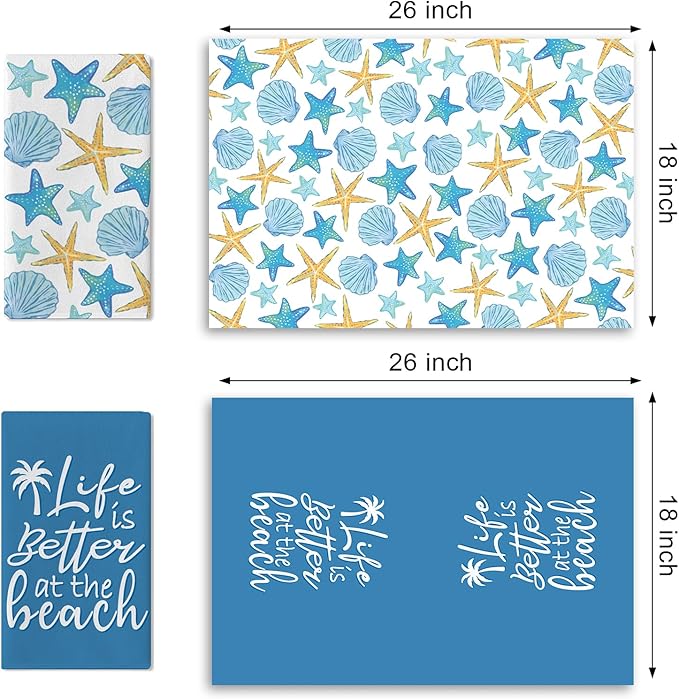 Life is Better at The Beach Kitchen Dish Towels Set of 2, Summer Blue Coastal Starfish Shell Drying Hand Towel Baking Cooking Cloth, Nautical Palm Tree Bathroom Home Decoration 18'' x 26''