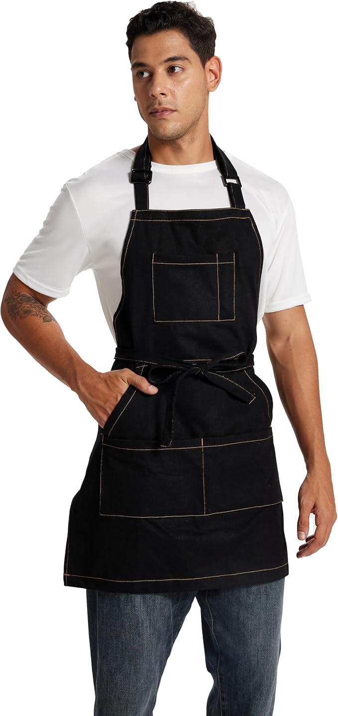 Chef Apron for Men Women with Large Pockets, Adjustable Denim Apron for Cooking, Baking, Gardening