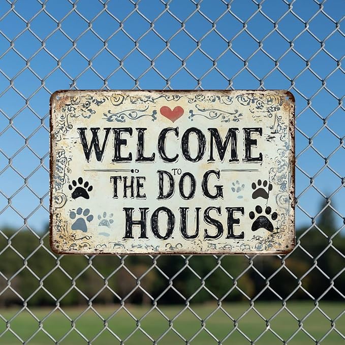 Warning Vintage Dogs House Tin Sign,Retro Beware of Dog Metal Sign,Decorative Plaque,Wall Art Poster for Outdoor Home Fence Kitchen Bedroom Farm,Gifts 8×12 Inches (Welcome The Dog House)