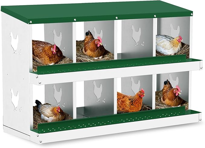 Chicken Nesting Boxes, 8-Compartment Metal Egg Laying Box with Swing Perch and Secure Lid – Versatile Wall Mount or Free Standing Suitable for Various Chicken Breeds - Green