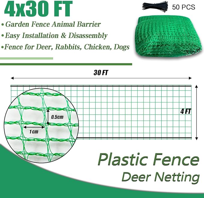 Garden Fence Temporary Fence, 4'x30' with 50 Zip Ties, Plastic Fencing Safety Fence Snow Fence, Construction Fencing for Yard, Deer, Pet, Rabbits, Chicken, Dogs, Animal Barrier, Green