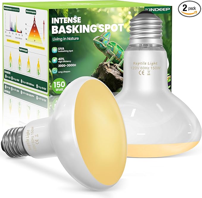 KINDEEP Reptile Basking Light Bulb: 150W Reptile Heat Lamp 2 Pack UVA Daylight Basking Bulb for Amphibian Bearded Dragon Lizard Tortoise Turtle Snake Chicken Pets Heating