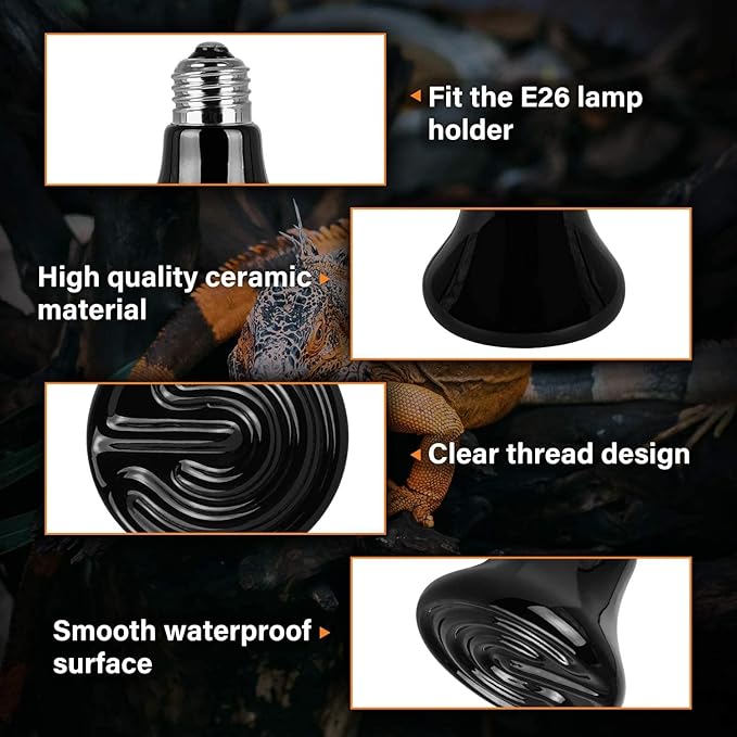 Simple Deluxe 50W Mini Reptile Heat Lamp Bulbs, Pack of 4 Ceramic Heat Emitters for Amphibian Pet & Incubating Chicken (Black, 50 Watts)