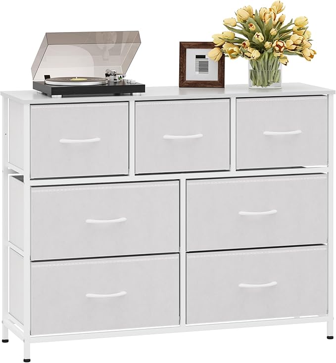 WelFurGeer 7-Drawer Fabric Dresser with Metal Frame, Dressers & Chests of Drawers, White Chest of Drawers for Bedroom, Hallway, Entryway, Closets, Kids Room Organization, White
