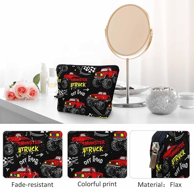 Truck Cosmetic Travel Bag For Toiletries, Graffiti Monster Trucks Car Makeup Bag Toiletry Bags For Women, Flax Cosmetic Bags Make Up Bag Purse Toiletries Bag Birthday Gift, Red Black