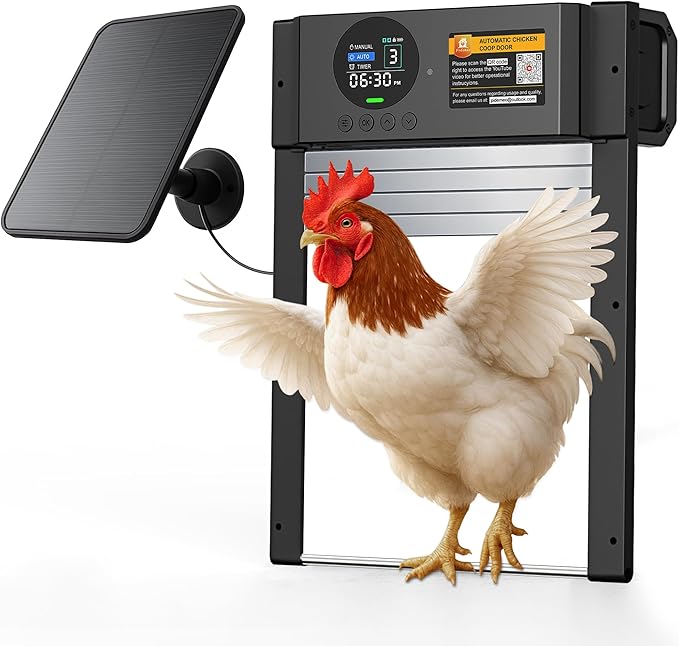 Automatic Chicken Coop Door – Solar Powered Aluminum Auto Chicken Door with Light Sensor, Timer & Manual Control, 2500 mAh Battery +USB-C Backup, Waterproof, Anti-Pinch Safety, Fits Most Poultry Coops