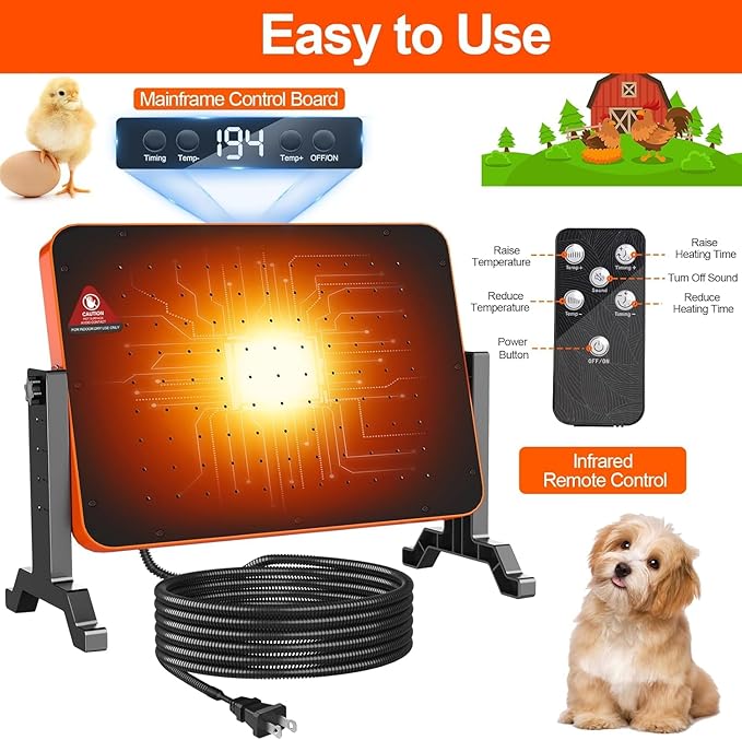 Chicken Coop Heater,200 Watts Chicks Brooder Heater with Overheating Protection,Radiant Heat Panel with Remote Control Timer & Adjustable Temp,Large Poultry Brooder for 25 Chicken,UL-Compliant