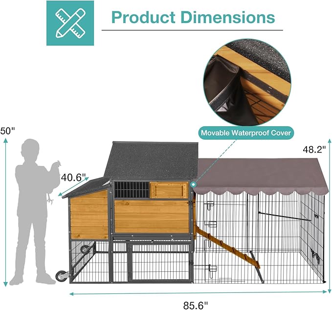 Mobile Chicken Coop,Large All-Steel Frame Hen House for 6-8 Chickens Poultry Cage with Nesting Box Metal Run,Waterproof Rain Cover Duck Coop