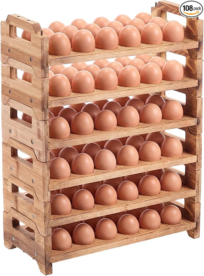 Maxcheck 6-tier Stackable Wooden Egg Holder, Large Capacity for 108 Eggs, Countertop Storage Rack with Handles for Kitchen Organization and Fridge, Farmhouse Easter Egg Display