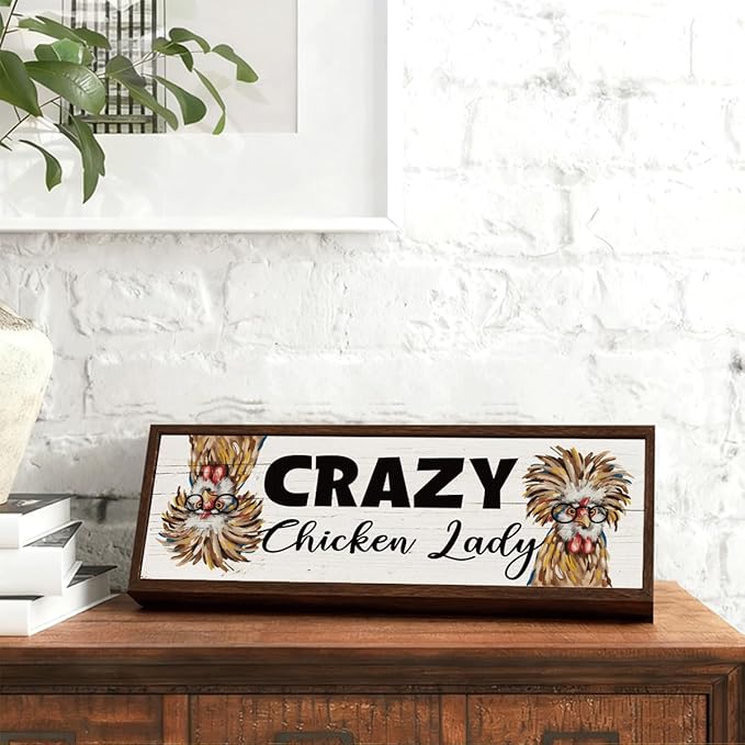 Funny Chicken Decors, Crazy Chicken Lady Sign, Hens Rooster Farm Decor, Chick Coop Sign, Rustic Framed Wooden Plaque, Farmhouse Home Decor 9.5x3.1x1 inches