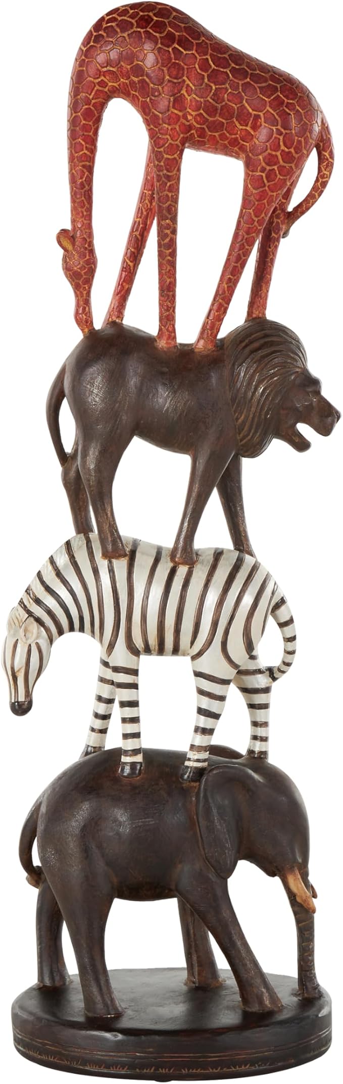 Deco 79 Polystone Safari Animals Decorative Sculpture Stacked Home Decor Statue with Round Base, Accent Figurine 6" x 4" x 21", Black