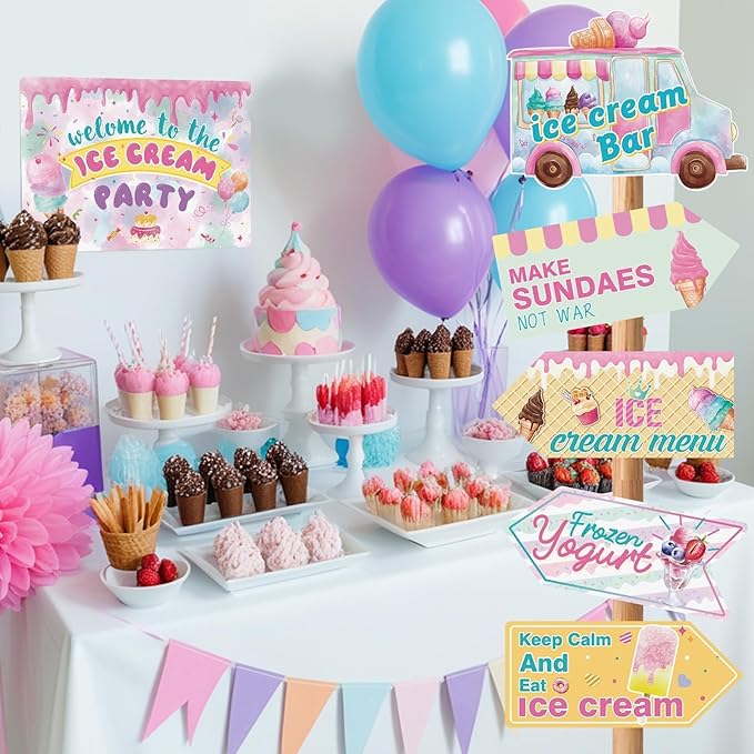 WERNNSAl 10PCS Ice Cream Party Decorations - Ice Cream Sign Birthday Party Supplies for Girls Kids Colorful Summer Theme Party Wall Art Decor for Home Garden Yard Decorations