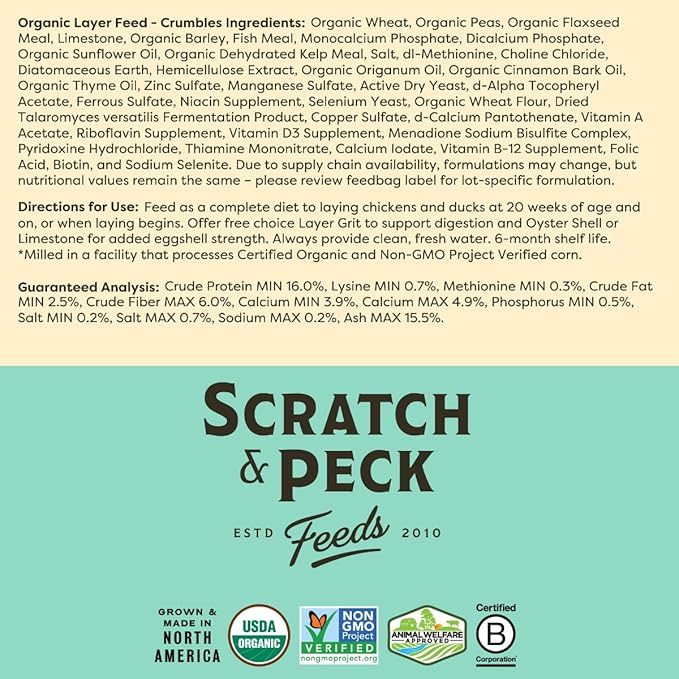 Scratch and Peck Feeds Whole Grain Layer Crumbles Chicken and Duck Feed - 25 lbs Bag - Corn-Free and Soy-Free - 16% Protein, Certified Organic and Non-GMO Project Verified Chicken Food