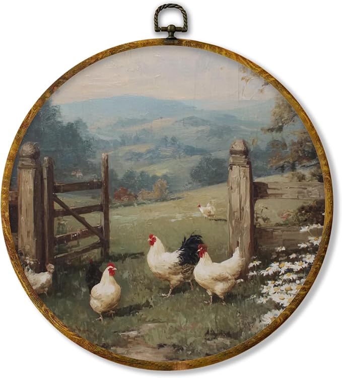 shiviody Vintage Farmhouse Chicken Canvas Wall Art Decor, Rustic Cottagecore Countryside Chicken Farm Animals Landscape Round Hanging Frame Prints Decorations for Home Bedroom Living Room 10"x10"