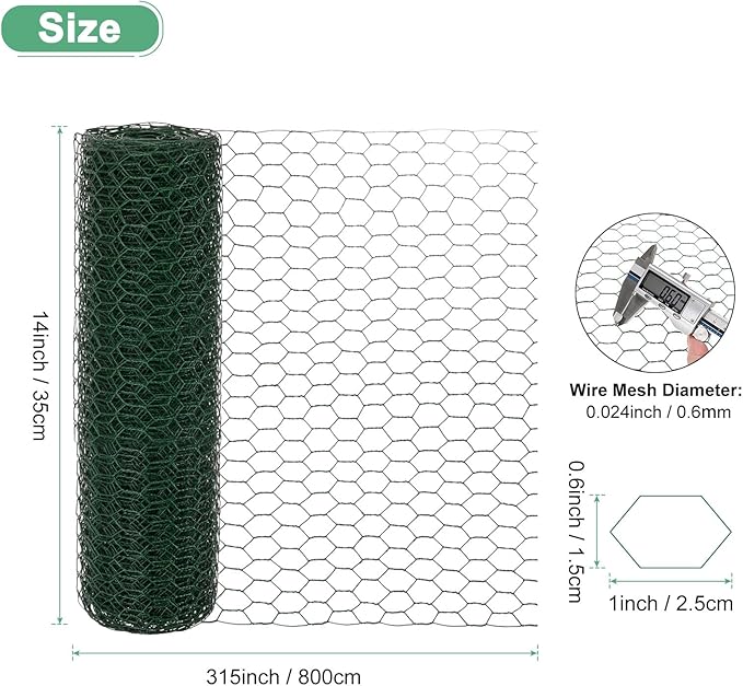 Chicken Wire for Floral Arrangements, 14 x 315 in Galvanized Iron Hexagonal PVC Coated for Crafts/Poultry/Garden, Chicken Wire Netting Fence Mesh [Green]