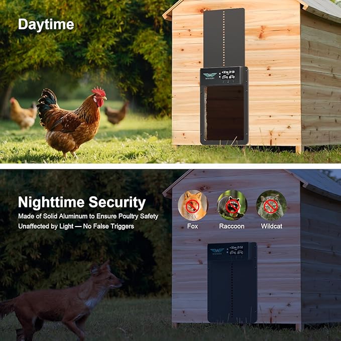 Automatic Chicken Coop Door Solar Powered with Timer & Light Sensor, LCD Display, Remote Control, Multiple Modes Aluminum Auto Chicken Coop Door Solar, Anti-Pinch & Weather Proof