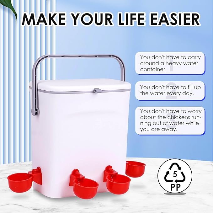 Automatic Chicken Waterer with Float Valve Kit Hose Attachment and 4 Poultry Water Cups, Duck Chicken Water Feeder Poultry Waterer (2 Gallons)