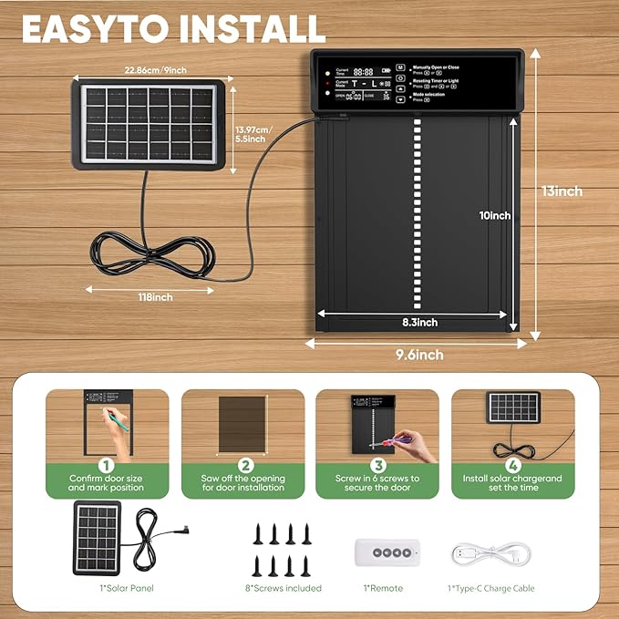 Automatic Chicken Coop Door Solar Powered with Timer & Light Sensor 4 Modes Aluminum Waterproof Chicken Door, Remote Control, LCD Display, Dual Protection of Anti-Pinch Design and Abnormal Alarm