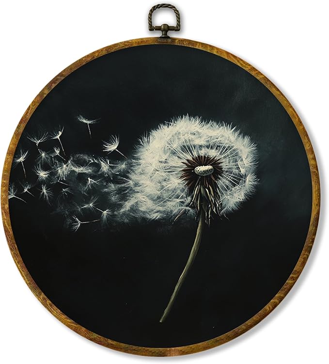 Hiuwevt Dandelion Round Wall Art Decor, White Flower Modern Rustic Framed Canvas Prints, Dandelion Farmhouse Wildflower Round Wall Hanging Decor for Bedroom Home Decorations, 10x10 Inches