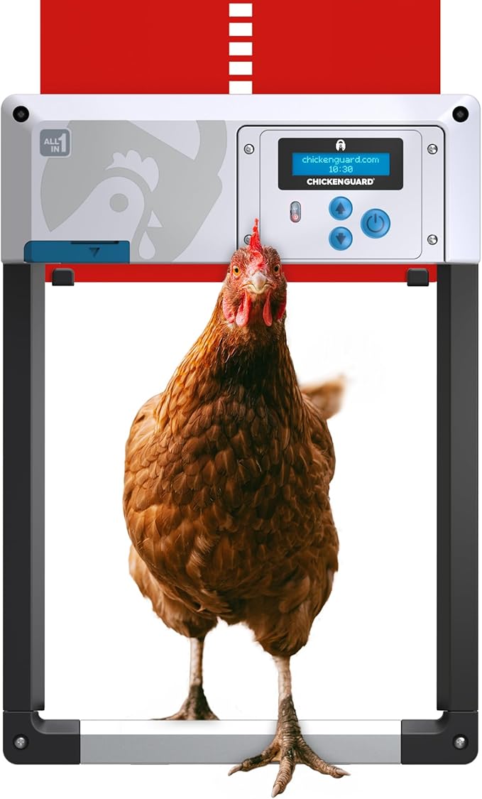 Automatic Chicken Coop Door Opener, ChickenGuard One in All 4 Colours, Timer/Light Sensing, Winter Mode, Auto-Stop & Predator Proof, 3 Power Options, Solar, Battery or Electric (Red + Batteries)