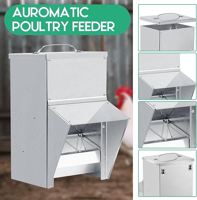 Uiifan 2 Pcs 11.5-50 Lbs Galvanized Chicken Feeder Weatherproof Poultry Food Dispenser with Lid Chicken Duck Food Dispenser Rat Proof Poultry Feeder for Cock Hen Duck(25 lb)